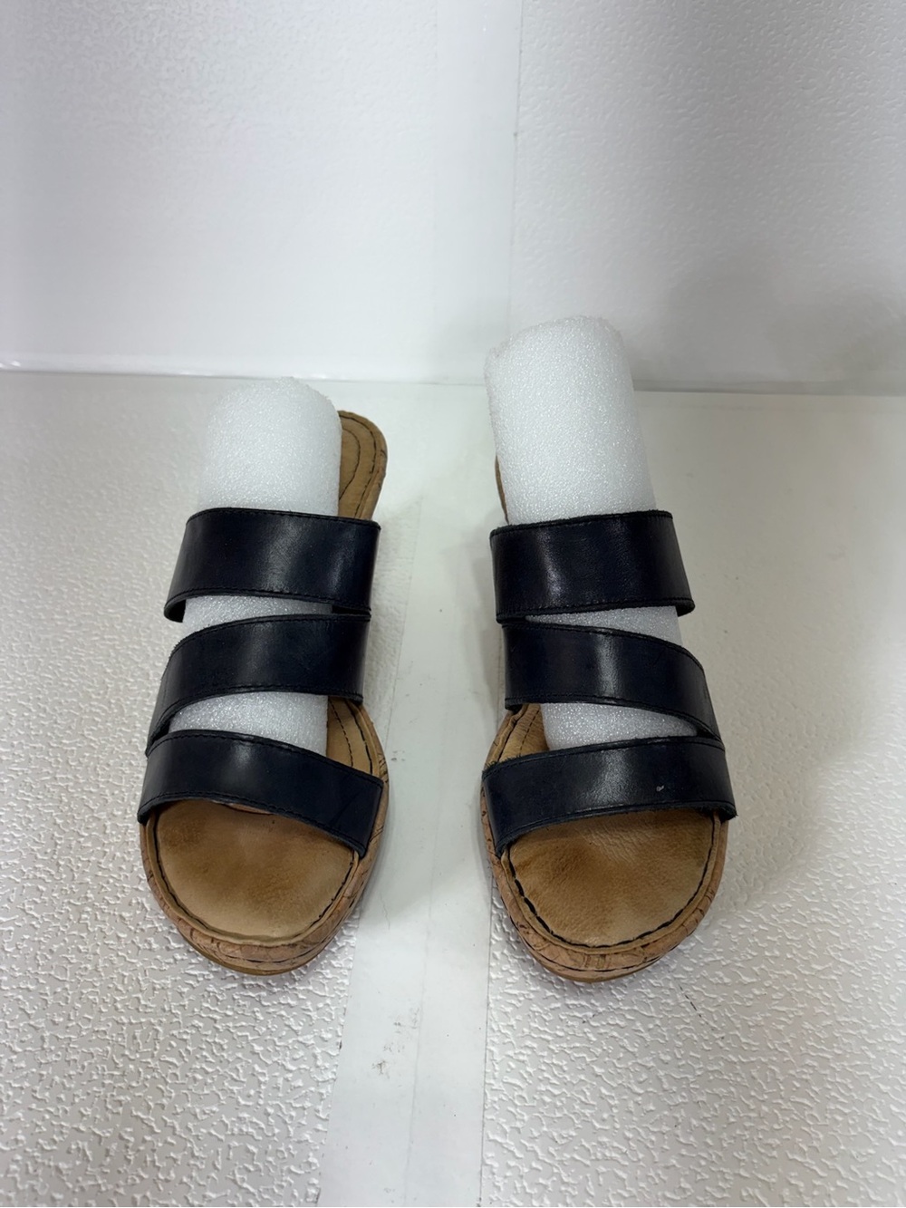Born Black Triple-Strap Leather Slide Sandals with Tan Footbed s319